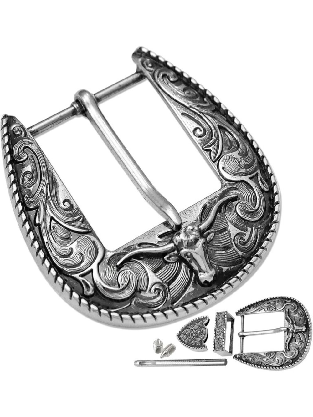 Unisex Silver 3Pcs Western Longhorn Bull Replacement Belt Buckle 1.5" Rodeo